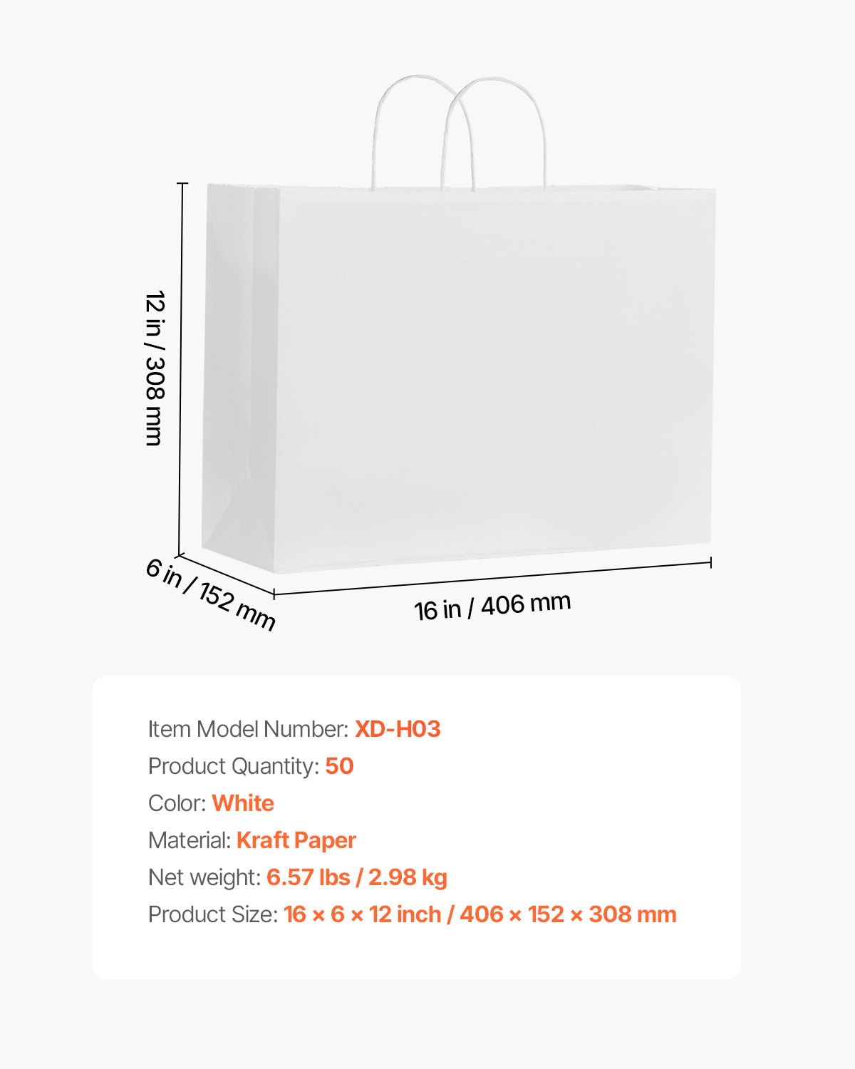 VEVOR Kraft Paper Bags with Handles, 50Pcs 16 x 6 x 12 in, Large Paper Grocery Bags, Reusable & Recycled Take-Out Sacks, Plain Party Bag Bulk for Birthday, Wedding, Business, Goody, White