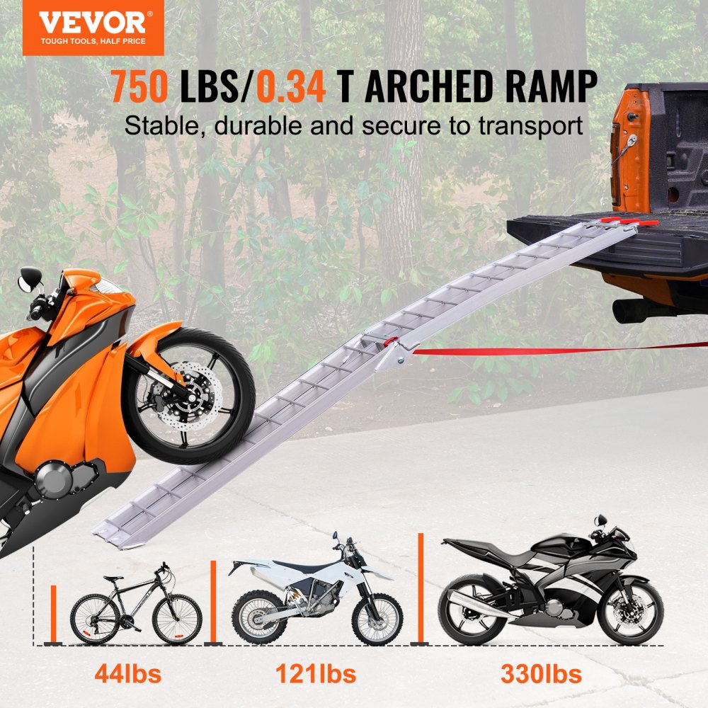 VEVOR motorcycle loading ramp supporting up to 750 lbs, used for loading various motorcycles into a truck.