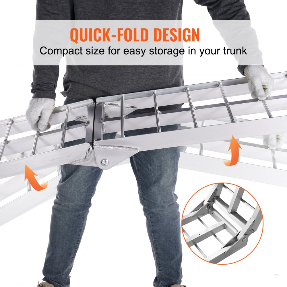 VEVOR motorcycle loading ramp with quick-fold design for compact storage.