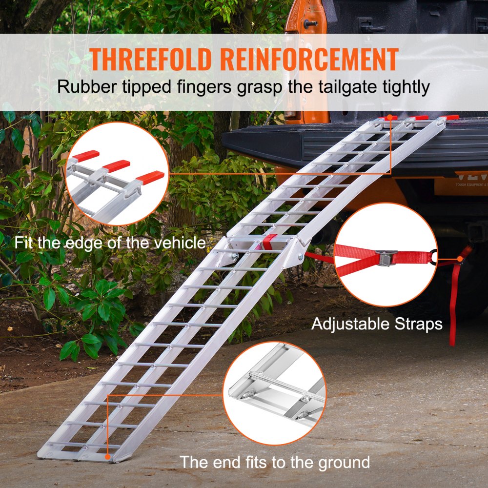 VEVOR motorcycle loading ramp with rubber-tipped fingers, adjustable straps, and sturdy construction.