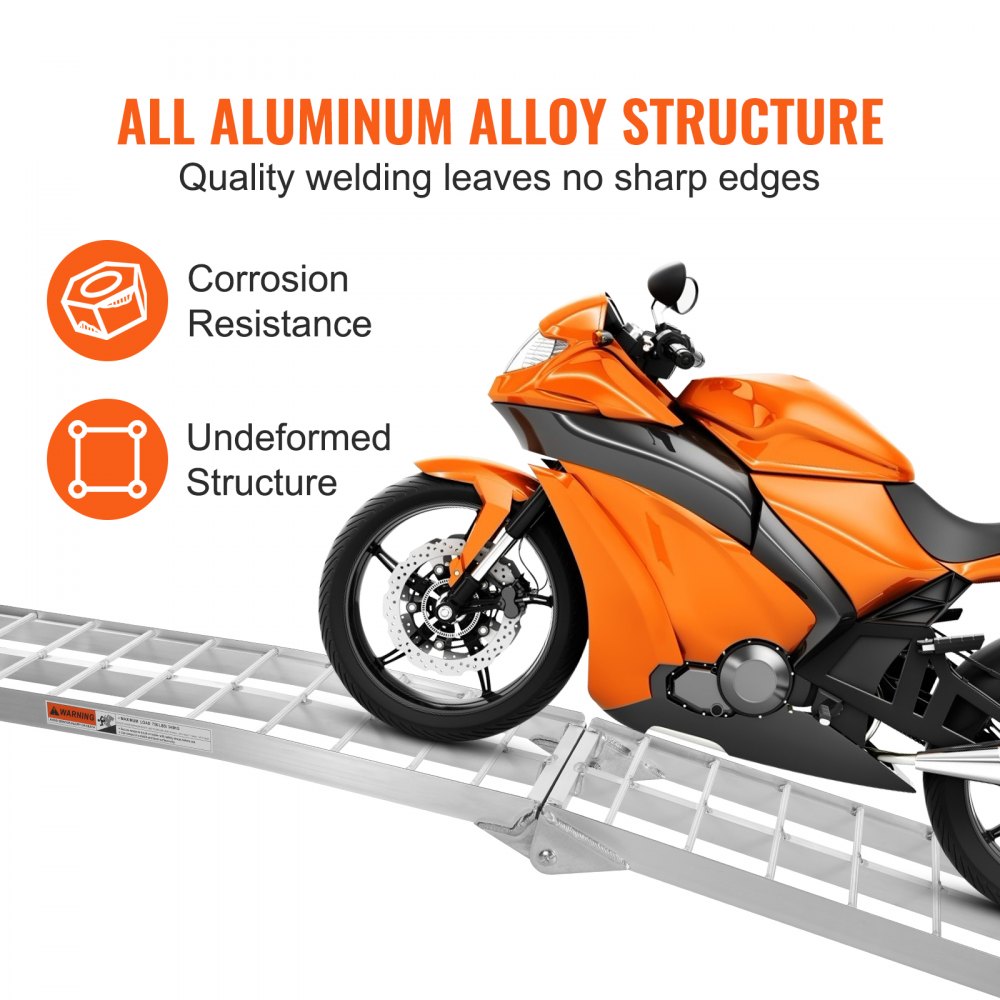 orange motorcycle on VEVOR motorcycle loading ramp with aluminum alloy structure, corrosion resistance.