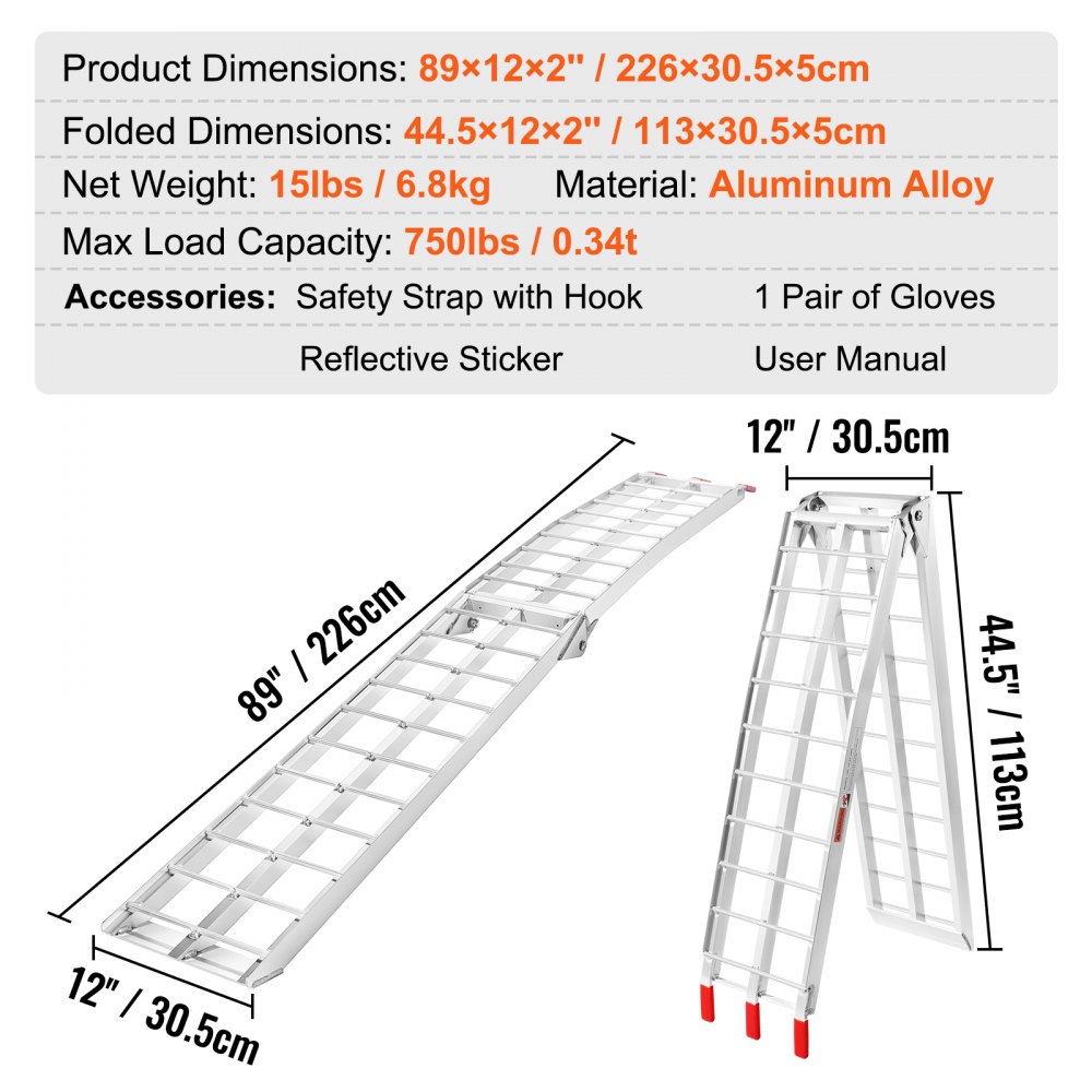 VEVOR motorcycle loading ramp, 89x12x2 in dimensions, foldable to 44.5 in, 750 lbs capacity, aluminum alloy.