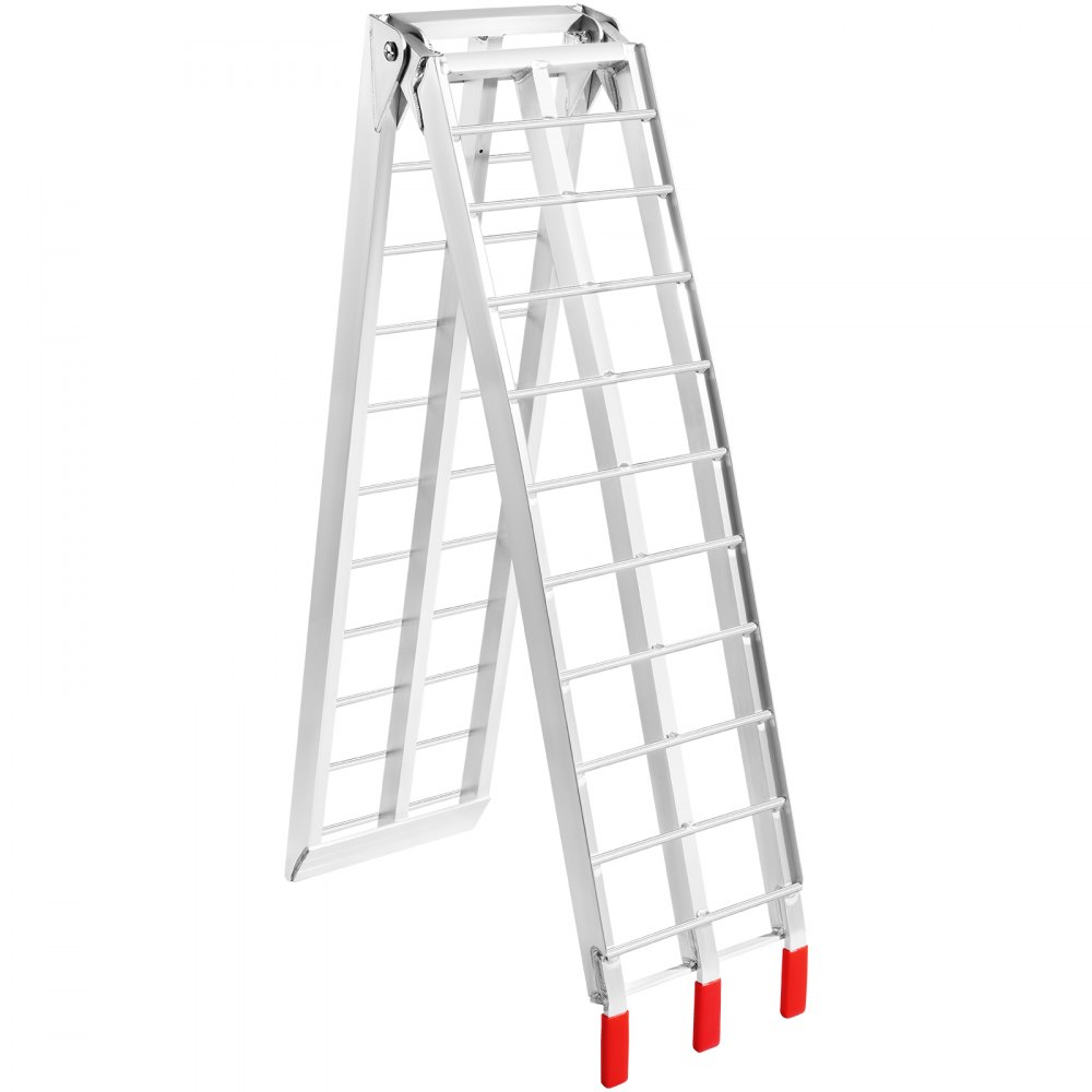 folded VEVOR motorcycle loading ramp with red rubber-tipped ends, aluminum frame on white background.