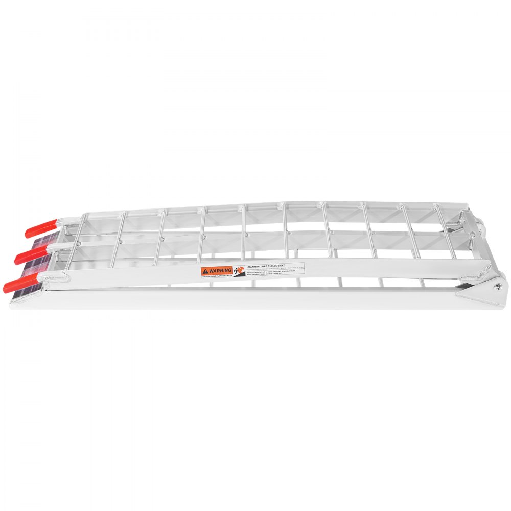VEVOR motorcycle loading ramp, lightweight aluminum, non-slip surface, easy storage with red tips.