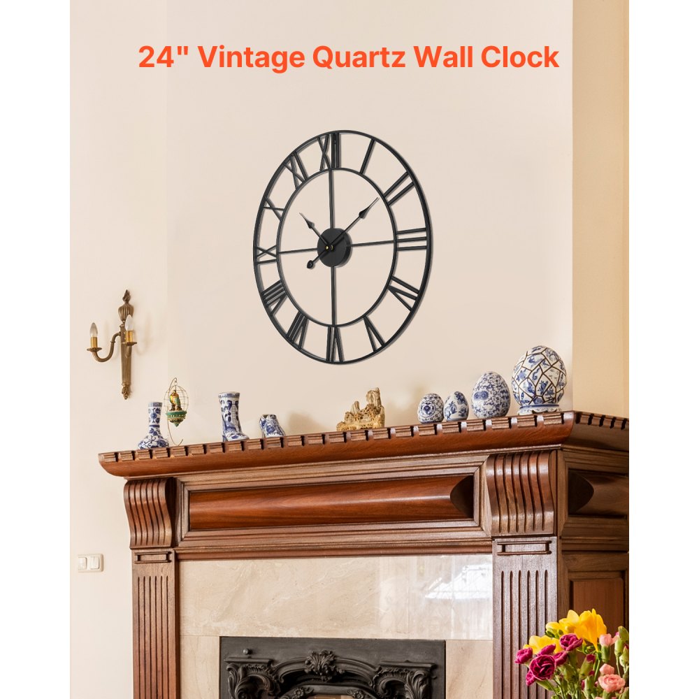 VEVOR Wall Clock, 24 in Wall Clock Roman Numerals, Battery Operated Non Ticking Silent Classic Decorative Round Clocks, for Living Room Bedroom Office Kitchen Dining Room Home Decor Farmhouse, Black