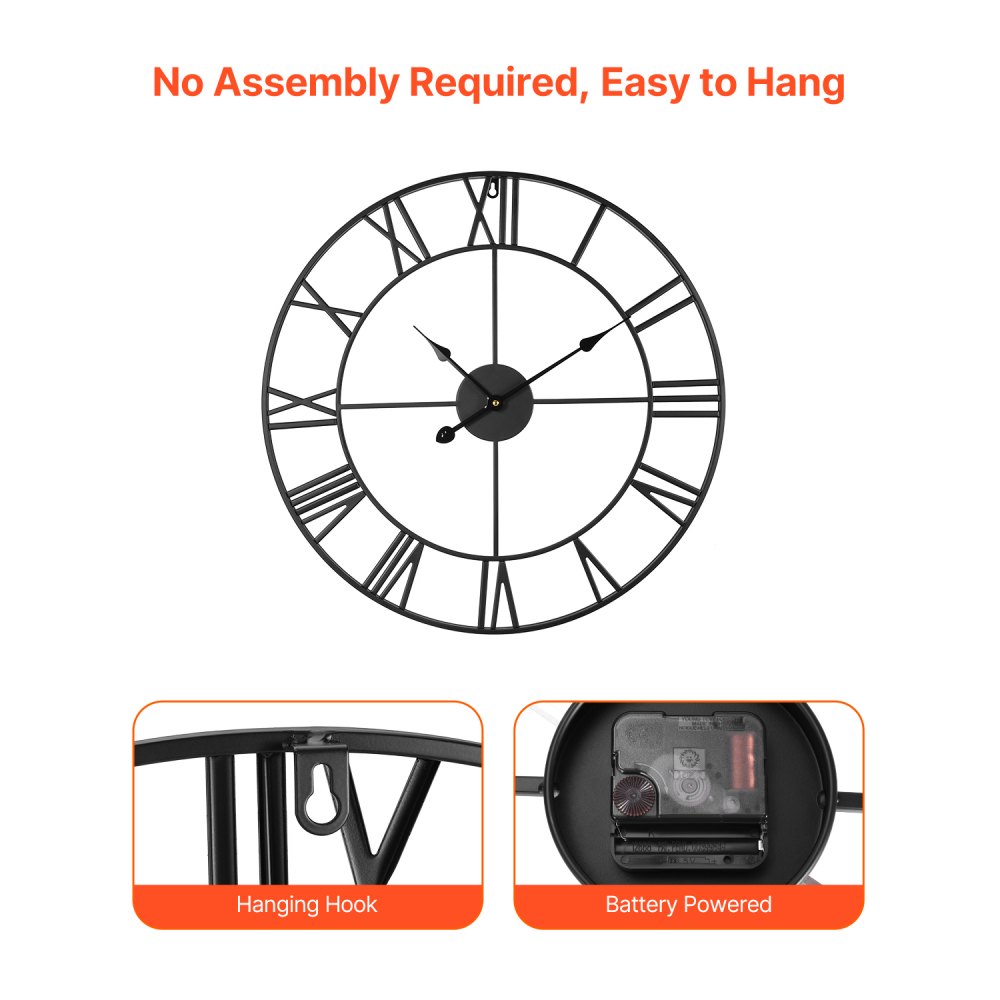 VEVOR Wall Clock, 24 in Wall Clock Roman Numerals, Battery Operated Non Ticking Silent Classic Decorative Round Clocks, for Living Room Bedroom Office Kitchen Dining Room Home Decor Farmhouse, Black