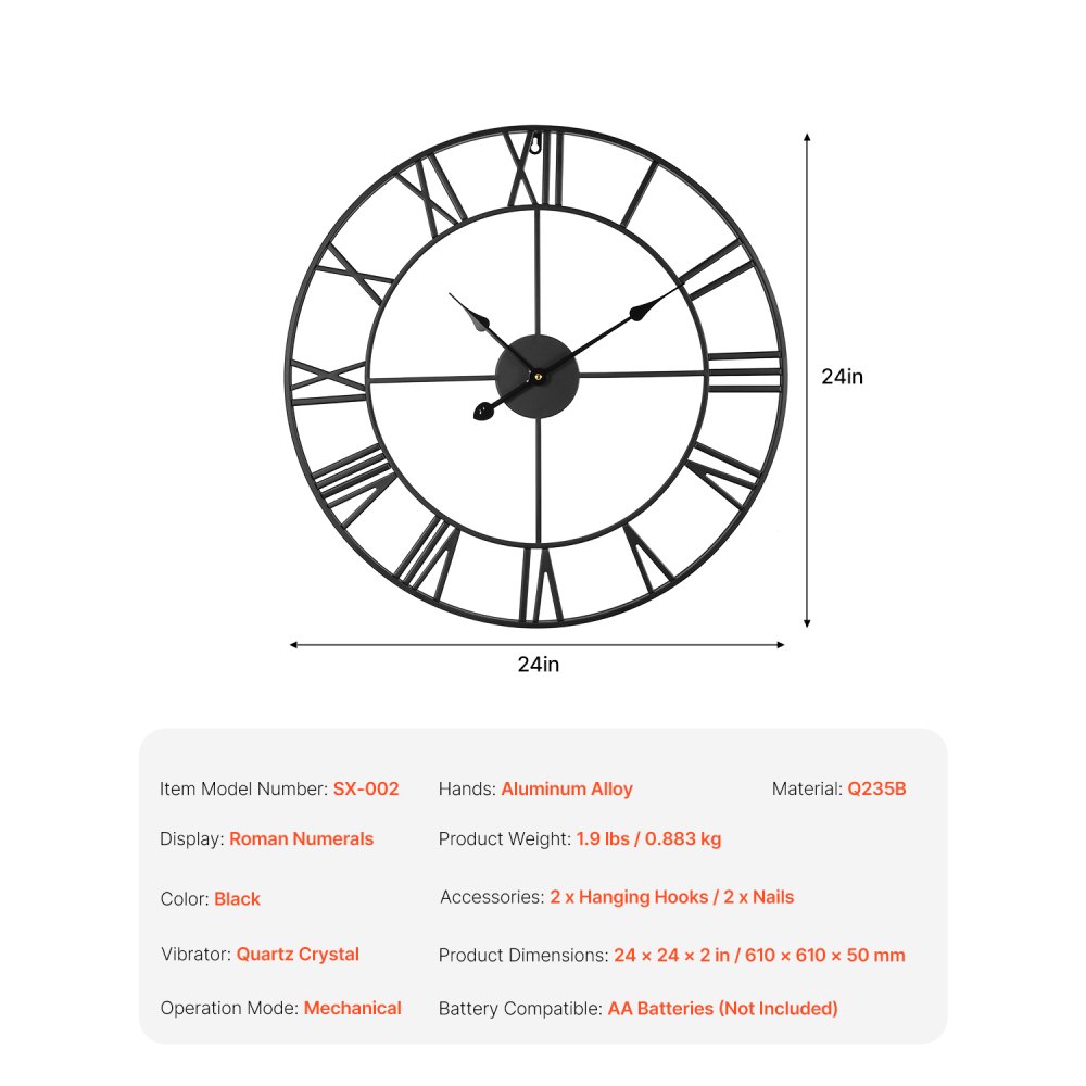 VEVOR Wall Clock, 24 in Wall Clock Roman Numerals, Battery Operated Non Ticking Silent Classic Decorative Round Clocks, for Living Room Bedroom Office Kitchen Dining Room Home Decor Farmhouse, Black