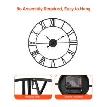 Reloj de pared de 24 pulgadas con números romanos, silencioso, funciona con pilas, para sala de estar