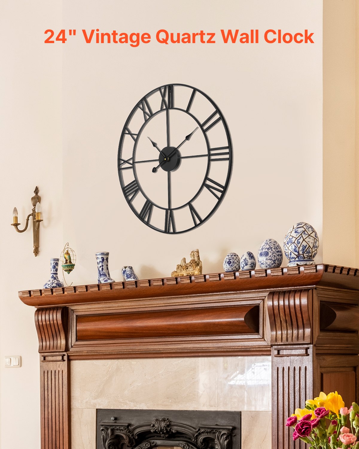 VEVOR Wall Clock, 24 in Wall Clock Roman Numerals, Battery Operated Non Ticking Silent Classic Decorative Round Clocks, for Living Room Bedroom Office Kitchen Dining Room Home Decor Farmhouse, Black