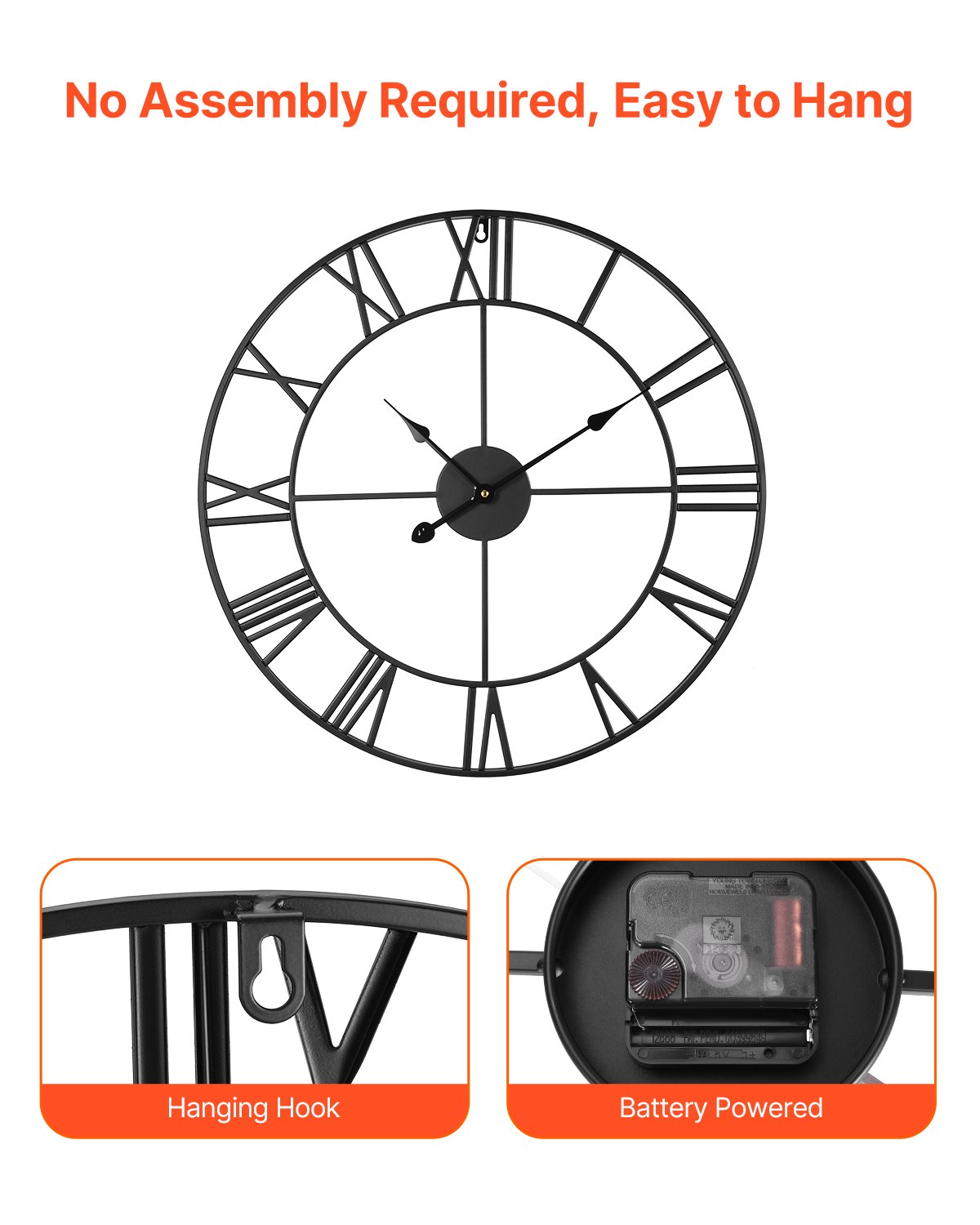 VEVOR Wall Clock, 24 in Wall Clock Roman Numerals, Battery Operated Non Ticking Silent Classic Decorative Round Clocks, for Living Room Bedroom Office Kitchen Dining Room Home Decor Farmhouse, Black