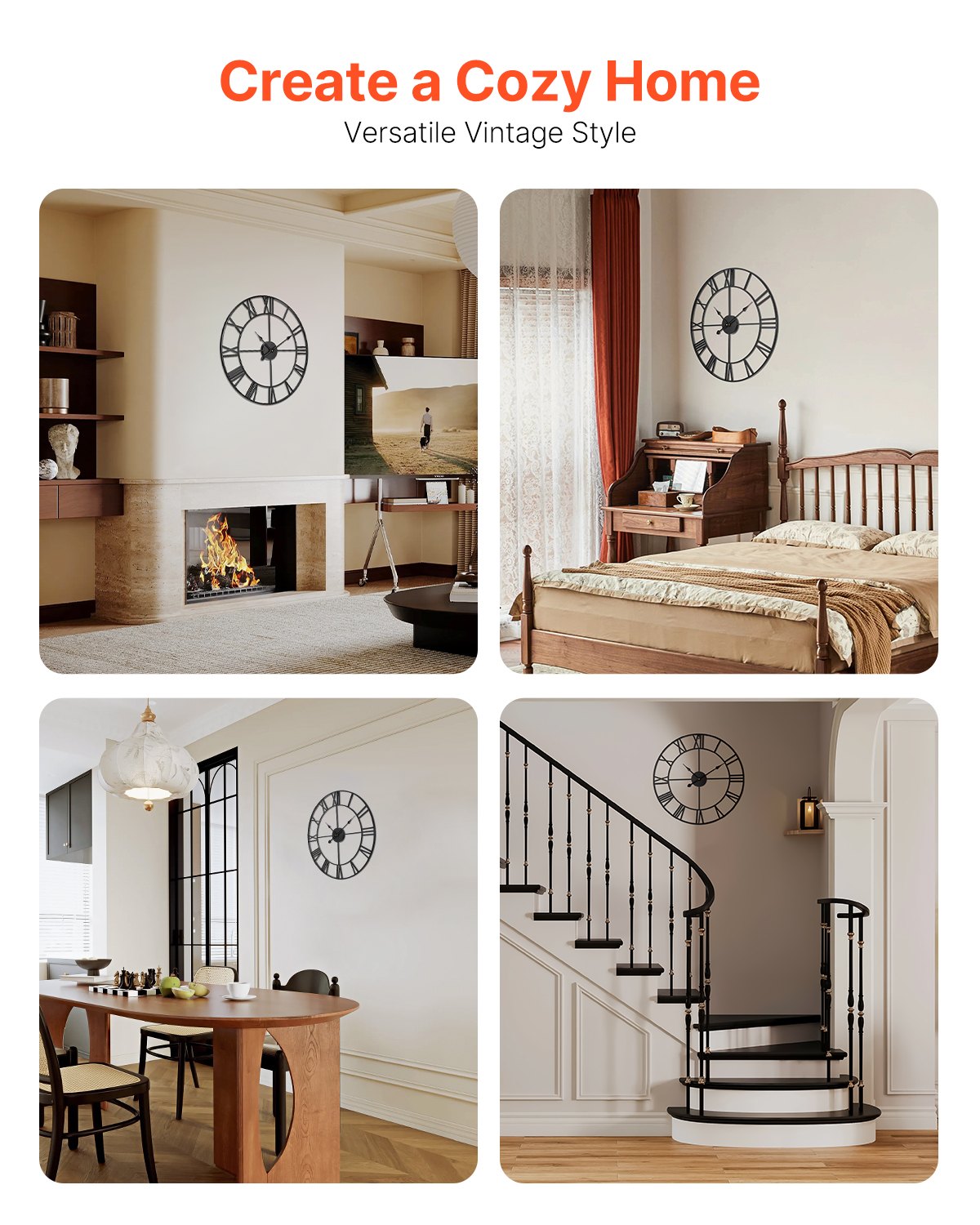 VEVOR Wall Clock, 24 in Wall Clock Roman Numerals, Battery Operated Non Ticking Silent Classic Decorative Round Clocks, for Living Room Bedroom Office Kitchen Dining Room Home Decor Farmhouse, Black