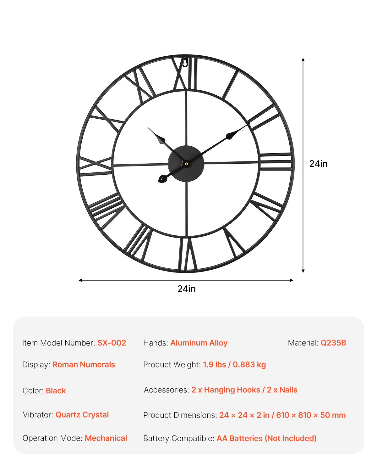 VEVOR Wall Clock, 24 in Wall Clock Roman Numerals, Battery Operated Non Ticking Silent Classic Decorative Round Clocks, for Living Room Bedroom Office Kitchen Dining Room Home Decor Farmhouse, Black
