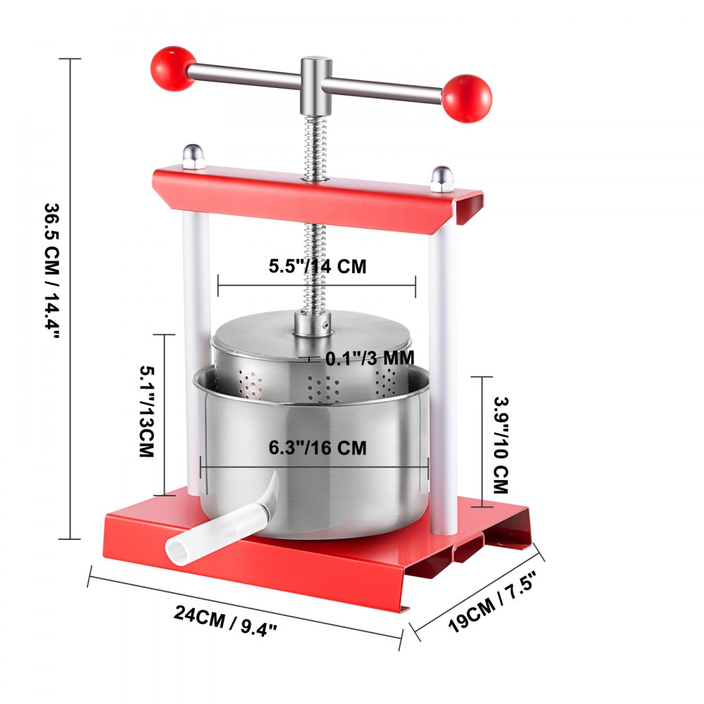 VEVOR Fruit Wine Press, 0.53Gal/2L Grape Press for Wine Making, Wine Press Machine with 2 Stainless Steel Barrels, Wine Cheese Fruit Vegetable Tincture Press with T-Handle and 0.1"/3 mm Thick Plate