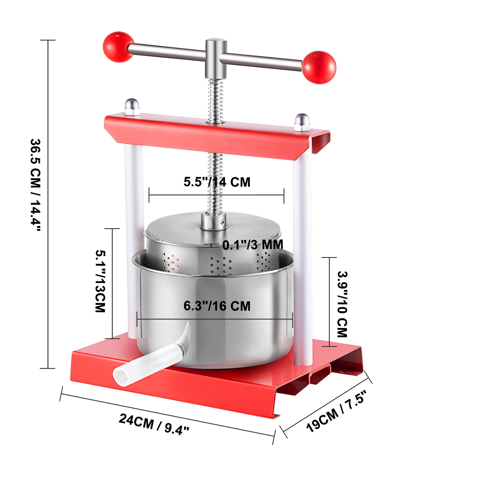 VEVOR Fruit Wine Press, 0.53Gal/2L Grape Press for Wine Making, Wine Press Machine with 2 Stainless Steel Barrels, Wine Cheese Fruit Vegetable Tincture Press with T-Handle and 0.1"/3 mm Thick Plate