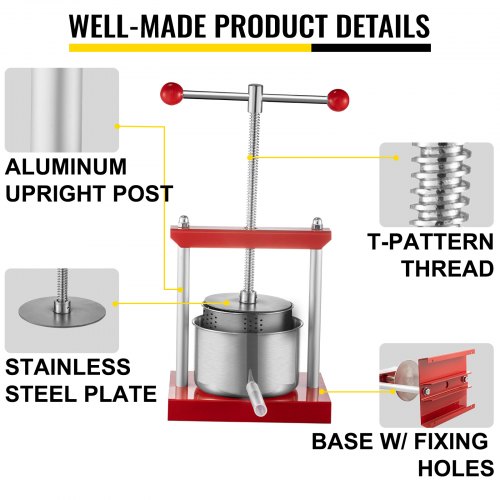 VEVOR Wine Presser, 1.5Gal/5.5L Grape Press For Wine Making, Wine Press Machine w/ Dual Stainless Steel Barrels, Wine Cheese Fruit Vegetable Tincture Press w/ Power Ball Handle & 0.1"/3 mm Thick Plate
