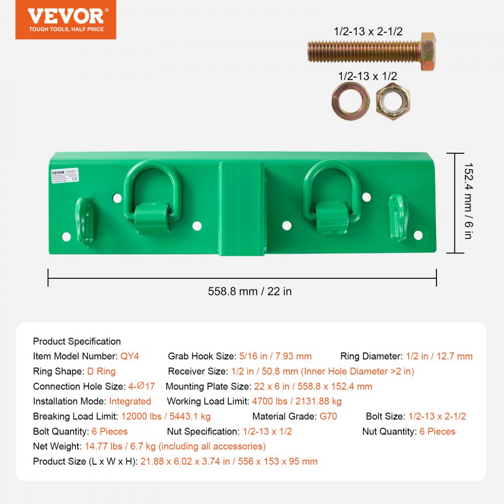 VEVOR 5/16" traktorspandkrog med fastgørelsesring, smedet stålkvalitet 70 kraftig bolt-på gribekrog med bagplade kompatibel med traktorspand, RV, UTV, lastbil, maksimal brudstyrke 12.000 lbs