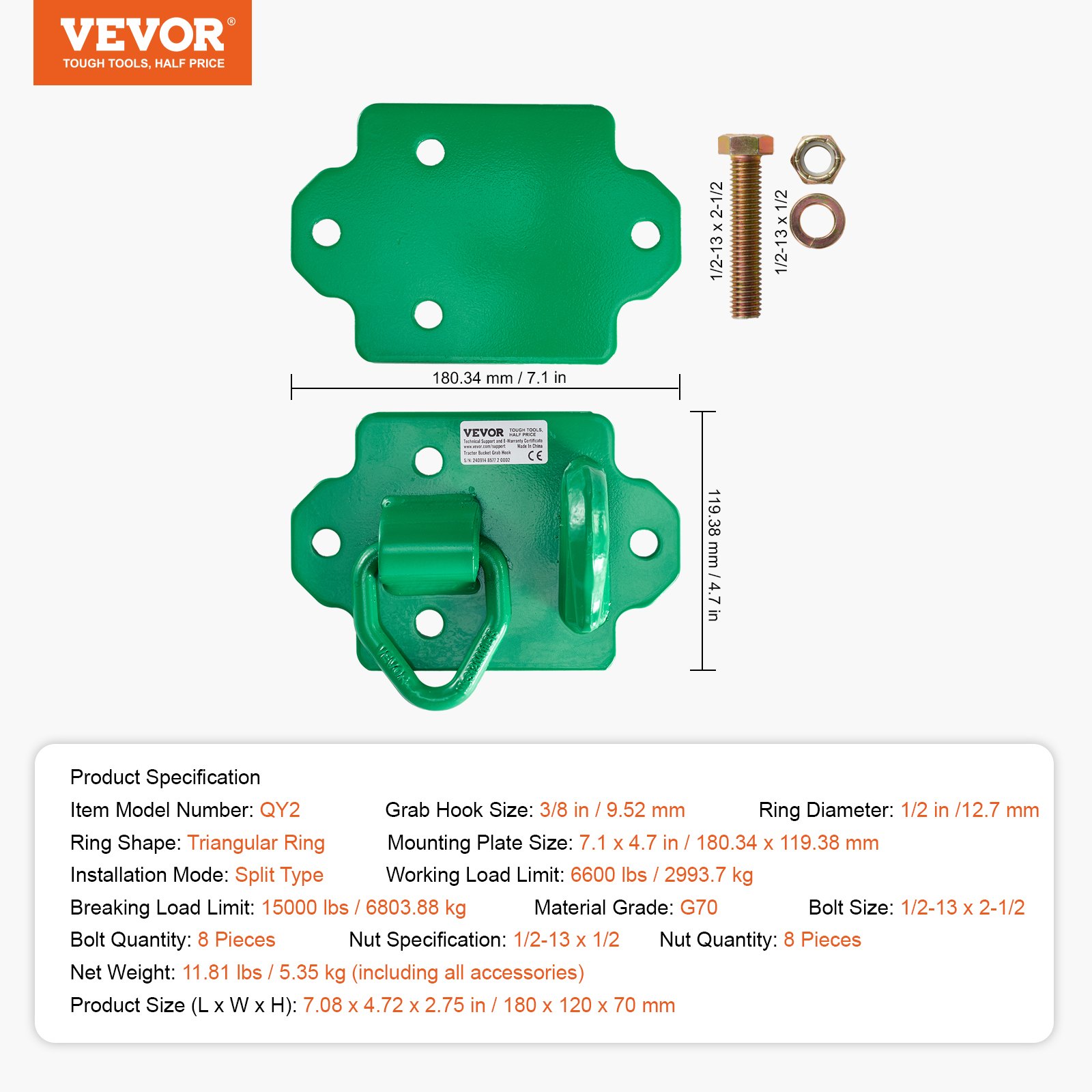 VEVOR 3/8" háky na lopaty traktoru, třída 70, kovaná ocel, 2 balení, zelené