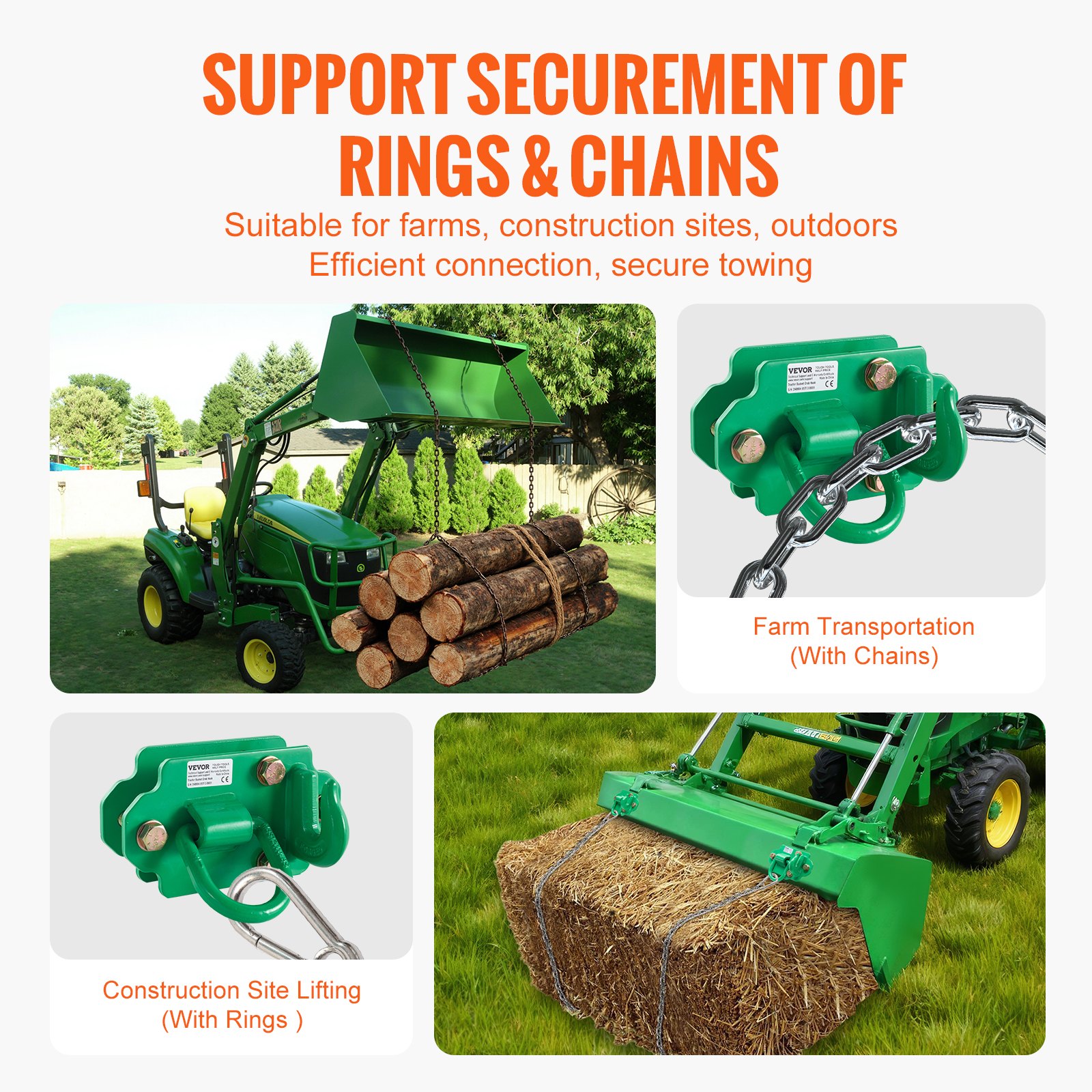 VEVOR 9.52 mm Tractor Bucket Hooks with Tie Down Ring, Grade 70 Forged Steel 2 Pack Bolt-On Grab Hook with Back Plates Work Well for Tractor Bucket RV UTV Truck Maximum Break Strength 5443kg, Green