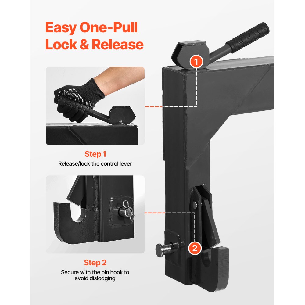 VEVOR 3-Point Quick Hitch with 2 in Receiver, 3000 Lbs Lift Capacity, 3-Pt Hitch with 5 Level Adjustable Bolt, Adaptation to Category 1 & 2 Tractor, Heavy Duty 3 Point Attachments, Black