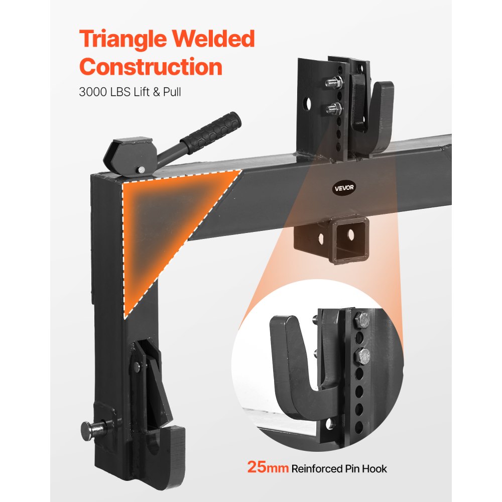 VEVOR 3-Point Quick Hitch with 2 in Receiver, 3000 Lbs Lift Capacity, 3-Pt Hitch with 5 Level Adjustable Bolt, Adaptation to Category 1 & 2 Tractor, Heavy Duty 3 Point Attachments, Black