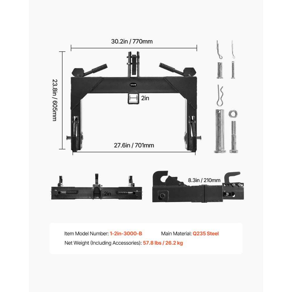 VEVOR 3-Point Quick Hitch with 2 in Receiver, 3000 Lbs Lift Capacity, 3-Pt Hitch with 5 Level Adjustable Bolt, Adaptation to Category 1 & 2 Tractor, Heavy Duty 3 Point Attachments, Black