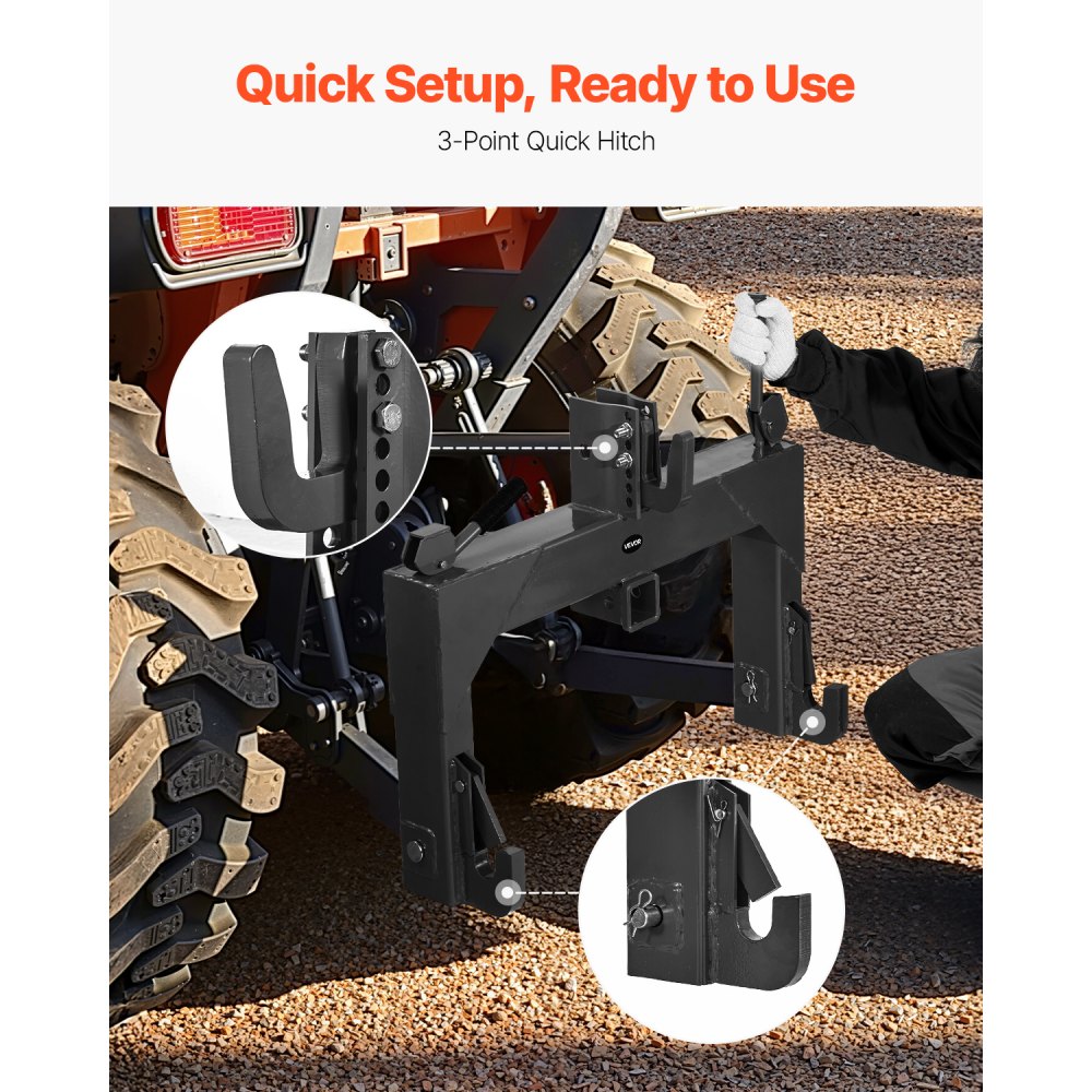 VEVOR 3-Point Quick Hitch with 2 in Receiver, 3000 Lbs Lift Capacity, 3-Pt Hitch with 5 Level Adjustable Bolt, Adaptation to Category 1 & 2 Tractor, Heavy Duty 3 Point Attachments, Black