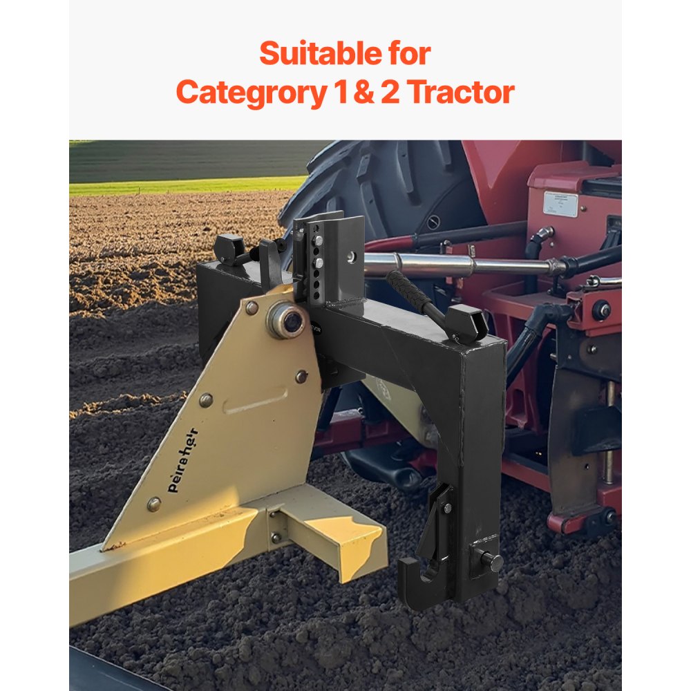 VEVOR 3-Point Quick Hitch with 2 in Receiver, 3000 Lbs Lift Capacity, 3-Pt Hitch with 5 Level Adjustable Bolt, Adaptation to Category 1 & 2 Tractor, Heavy Duty 3 Point Attachments, Black