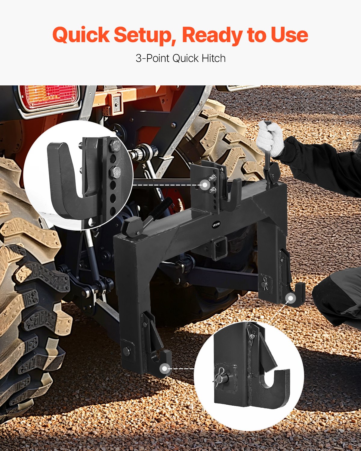 VEVOR 3-Point Quick Hitch with 2 in Receiver, 3000 Lbs Lift Capacity, 3-Pt Hitch with 5 Level Adjustable Bolt, Adaptation to Category 1 & 2 Tractor, Heavy Duty 3 Point Attachments, Black