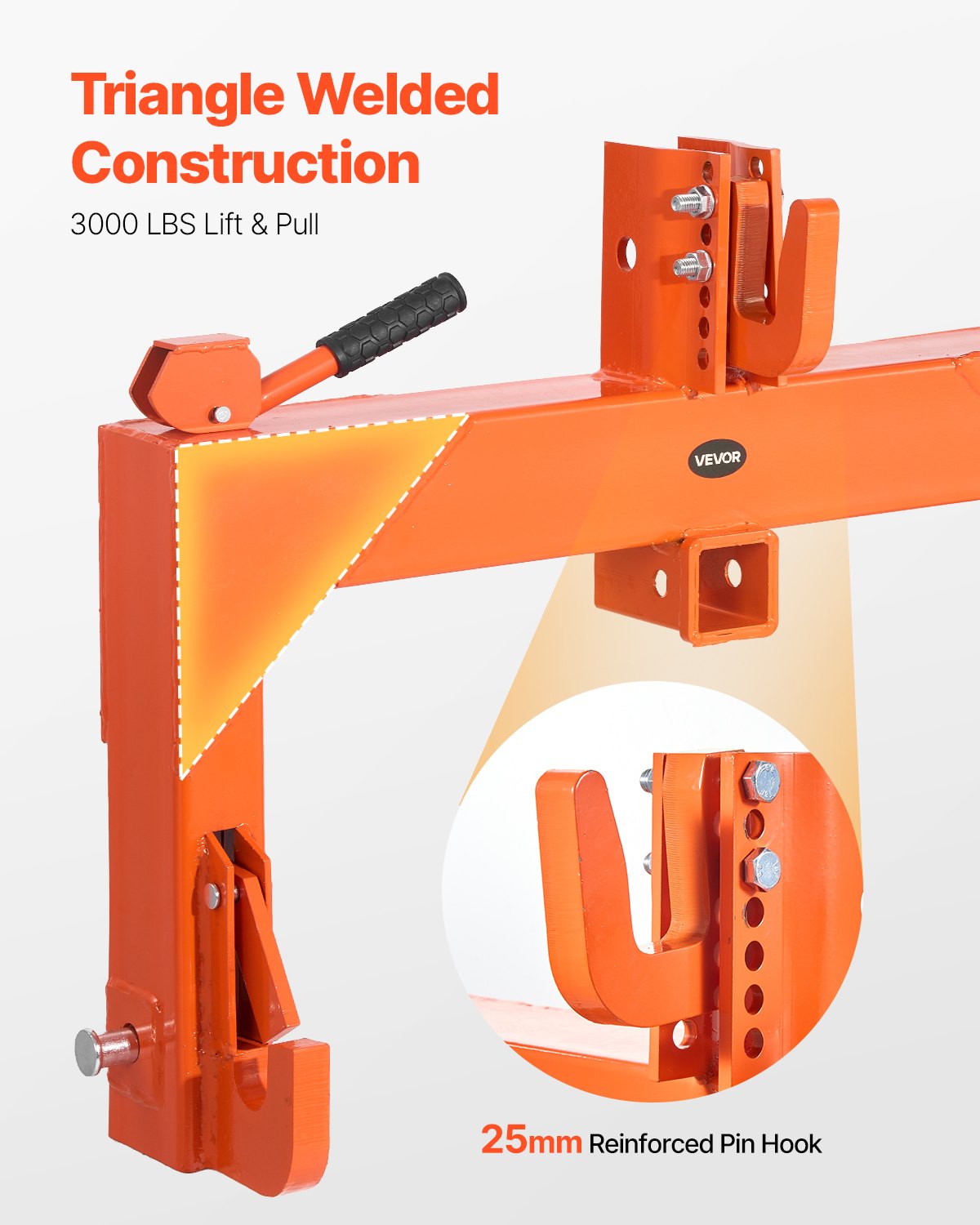 VEVOR 3-Point Quick Hitch with 2 in Receiver, 3000 Lbs Lift Capacity, 3-Pt Hitch with 5 Level Adjustable Bolt, Adaptation to Category 1 & 2 Tractor, Heavy Duty 3 Point Attachments, Orange