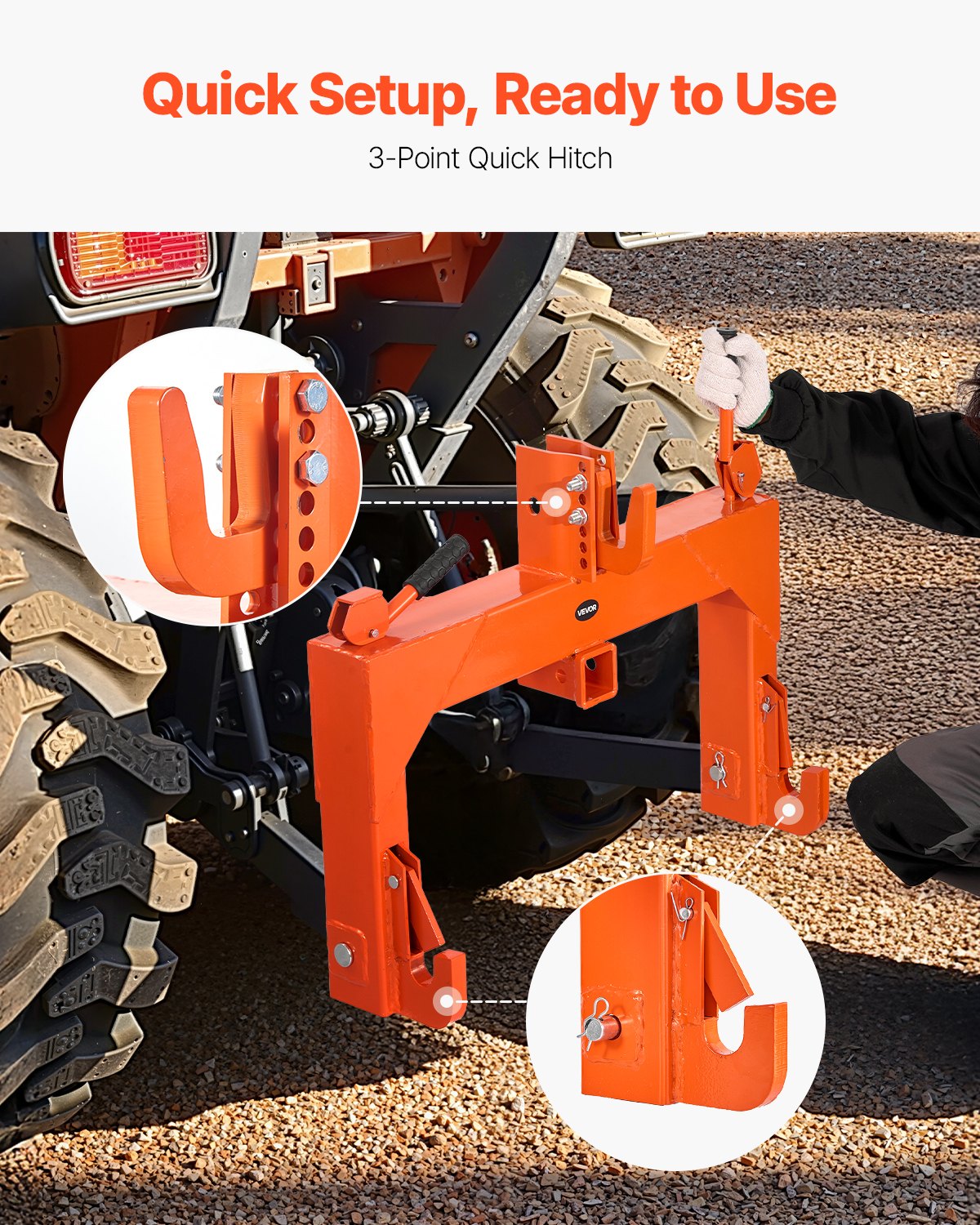 VEVOR 3-Point Quick Hitch with 2 in Receiver, 3000 Lbs Lift Capacity, 3-Pt Hitch with 5 Level Adjustable Bolt, Adaptation to Category 1 & 2 Tractor, Heavy Duty 3 Point Attachments, Orange
