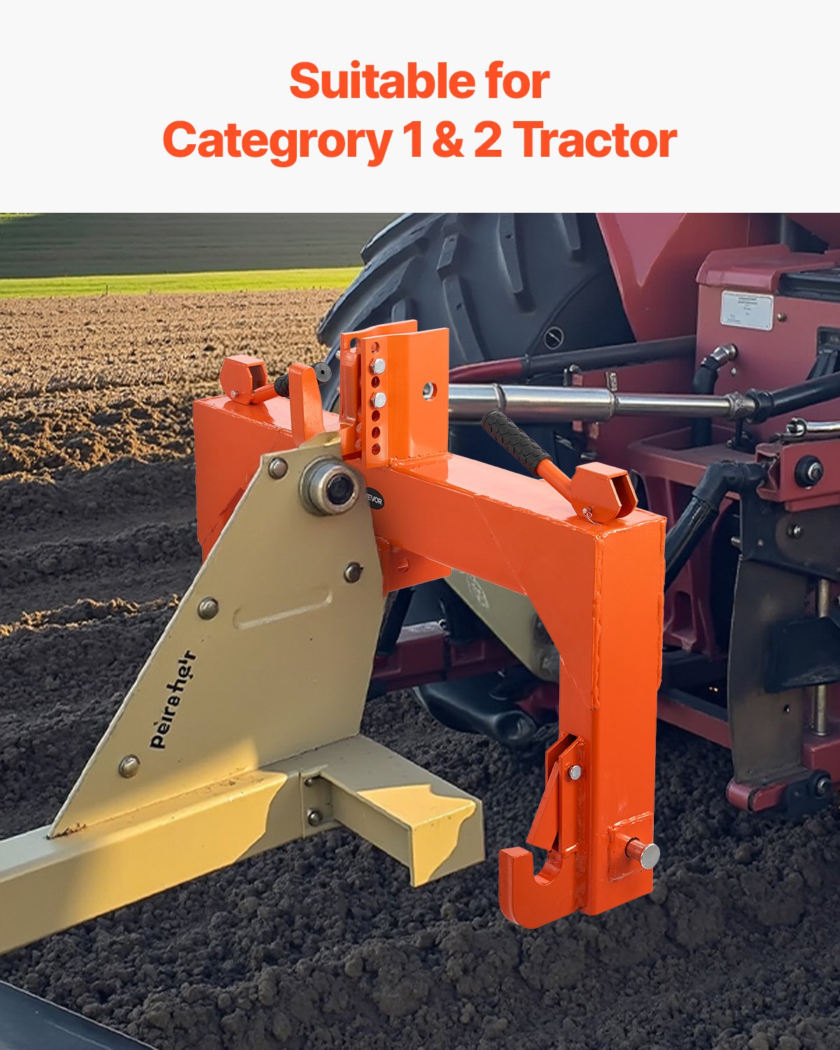 VEVOR 3-Point Quick Hitch with 2 in Receiver, 3000 Lbs Lift Capacity, 3-Pt Hitch with 5 Level Adjustable Bolt, Adaptation to Category 1 & 2 Tractor, Heavy Duty 3 Point Attachments, Orange