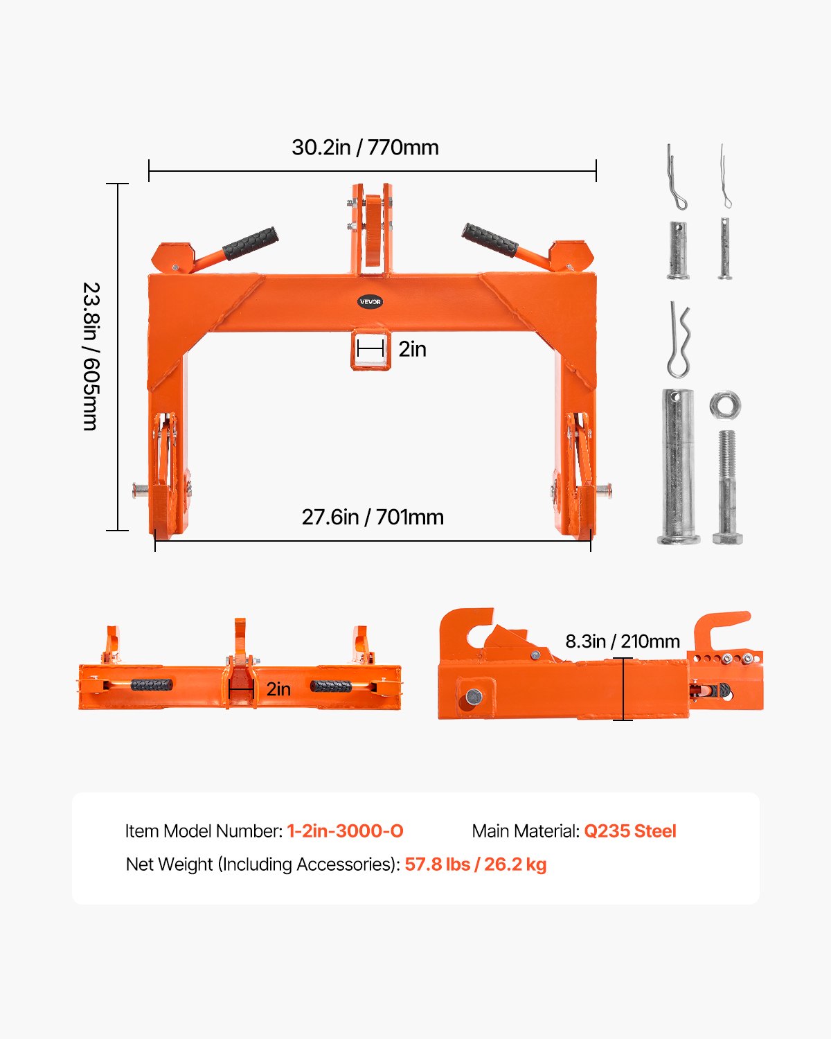 VEVOR 3-Point Quick Hitch with 2 in Receiver, 3000 Lbs Lift Capacity, 3-Pt Hitch with 5 Level Adjustable Bolt, Adaptation to Category 1 & 2 Tractor, Heavy Duty 3 Point Attachments, Orange