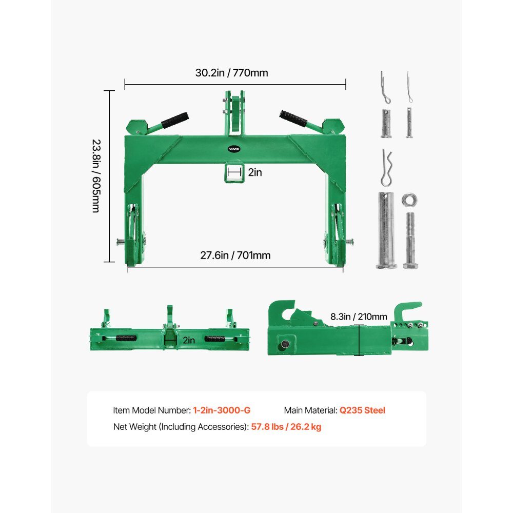 VEVOR 3-Point Quick Hitch with 2 in Receiver, 3000 Lbs Lift Capacity, 3-Pt Hitch with 5 Level Adjustable Bolt, Adaptation to Category 1 & 2 Tractor, Heavy Duty 3 Point Attachments, Green
