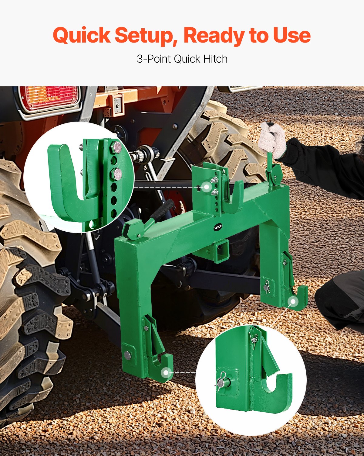 VEVOR 3-Point Quick Hitch with 2 in Receiver, 3000 Lbs Lift Capacity, 3-Pt Hitch with 5 Level Adjustable Bolt, Adaptation to Category 1 & 2 Tractor, Heavy Duty 3 Point Attachments, Green
