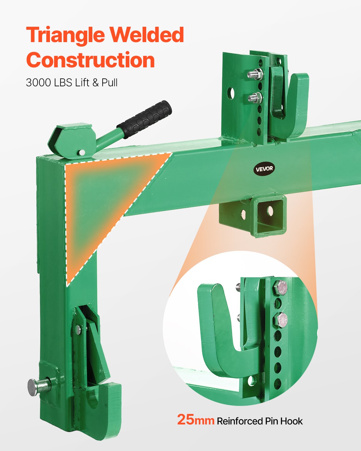 VEVOR 3-Point Quick Hitch with 2 in Receiver, 3000 Lbs Lift Capacity, 3-Pt Hitch with 5 Level Adjustable Bolt, Adaptation to Category 1 & 2 Tractor, Heavy Duty 3 Point Attachments, Green