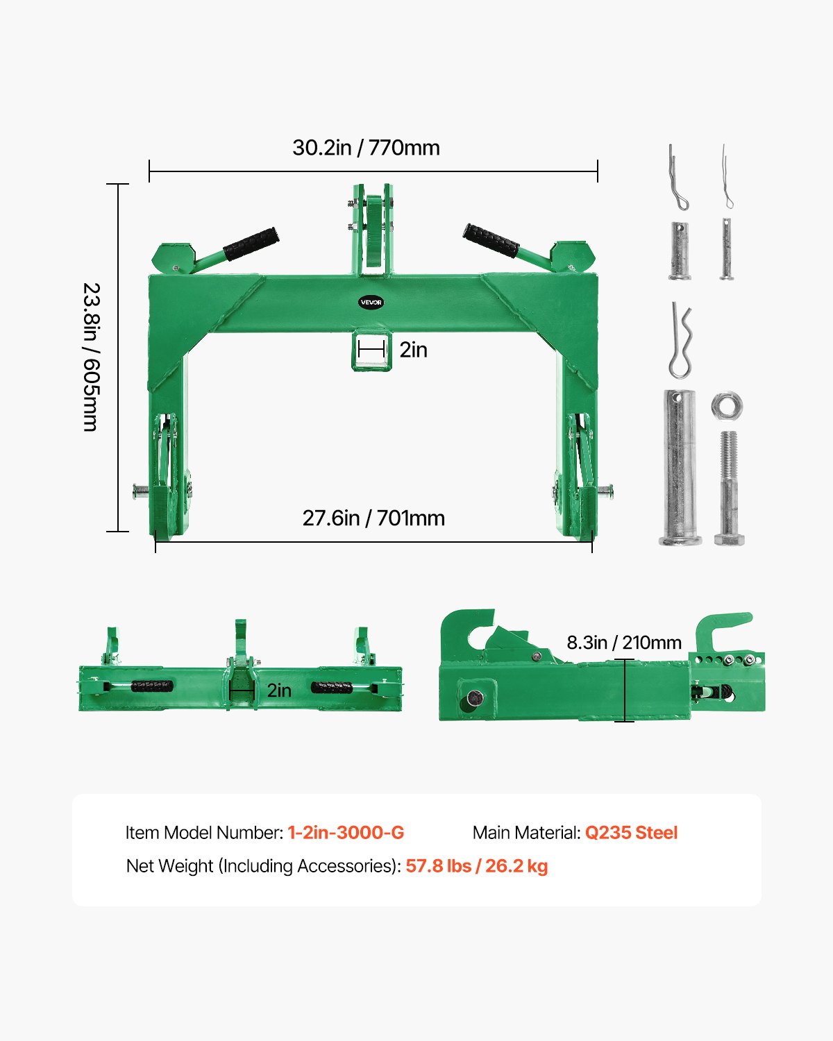 VEVOR 3-Point Quick Hitch with 2 in Receiver, 3000 Lbs Lift Capacity, 3-Pt Hitch with 5 Level Adjustable Bolt, Adaptation to Category 1 & 2 Tractor, Heavy Duty 3 Point Attachments, Green