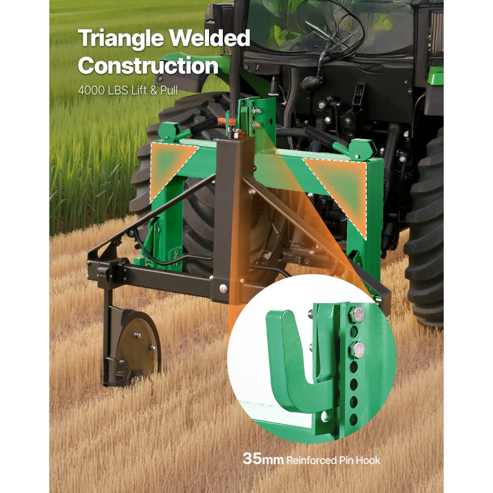 VEVOR 3-Point Quick Hitch, 4000 Lbs Lift Capacity, 3-Pt Trailer Hitch with 5 Level Adjustable Bolt, Adaptation to Category 2 Tractor, Heavy Duty 3 Point Attachments, Green