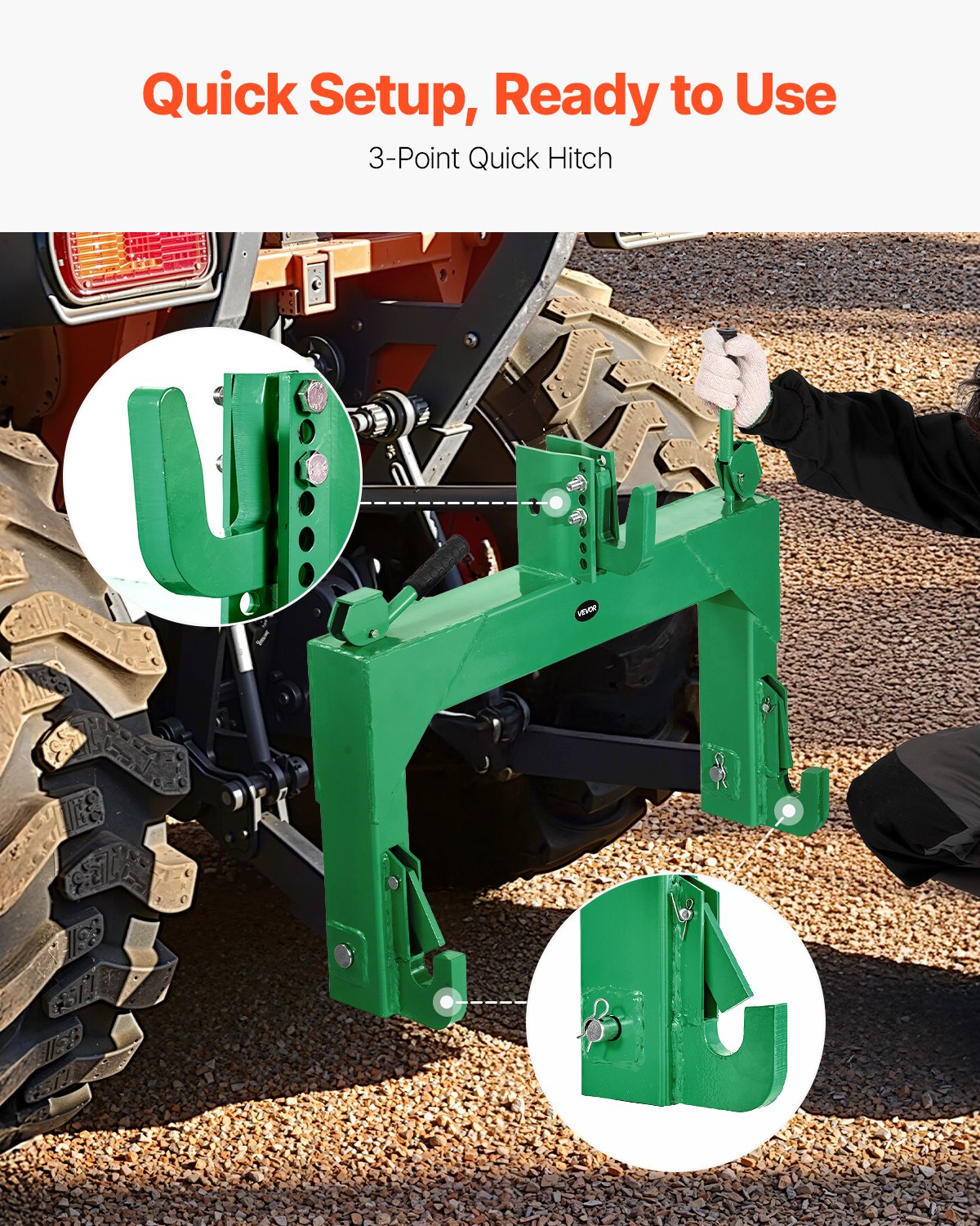 VEVOR 3-Point Quick Hitch, 4000 Lbs Lift Capacity, 3-Pt Trailer Hitch with 5 Level Adjustable Bolt, Adaptation to Category 2 Tractor, Heavy Duty 3 Point Attachments, Green