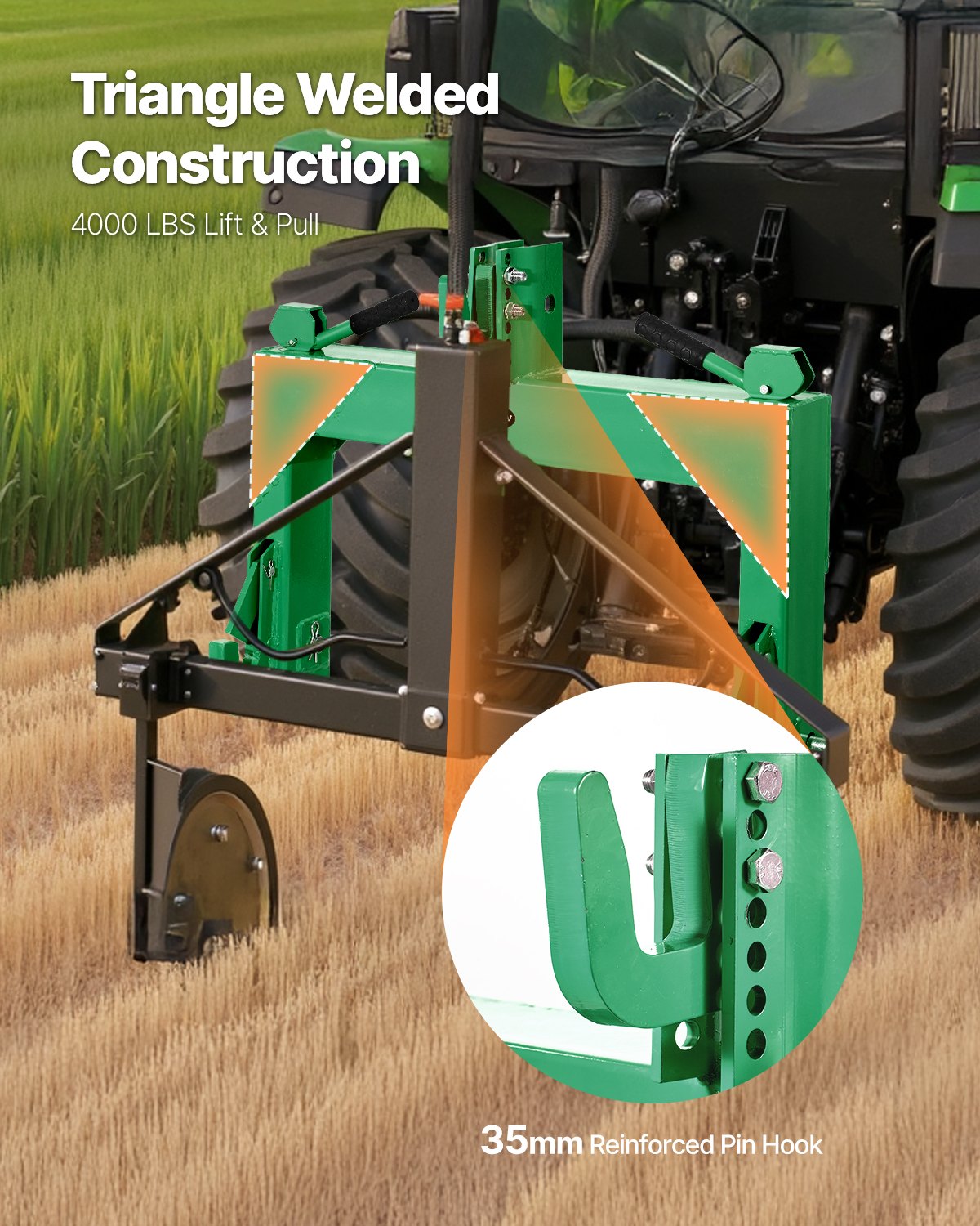 VEVOR 3-Point Quick Hitch, 4000 Lbs Lift Capacity, 3-Pt Trailer Hitch with 5 Level Adjustable Bolt, Adaptation to Category 2 Tractor, Heavy Duty 3 Point Attachments, Green