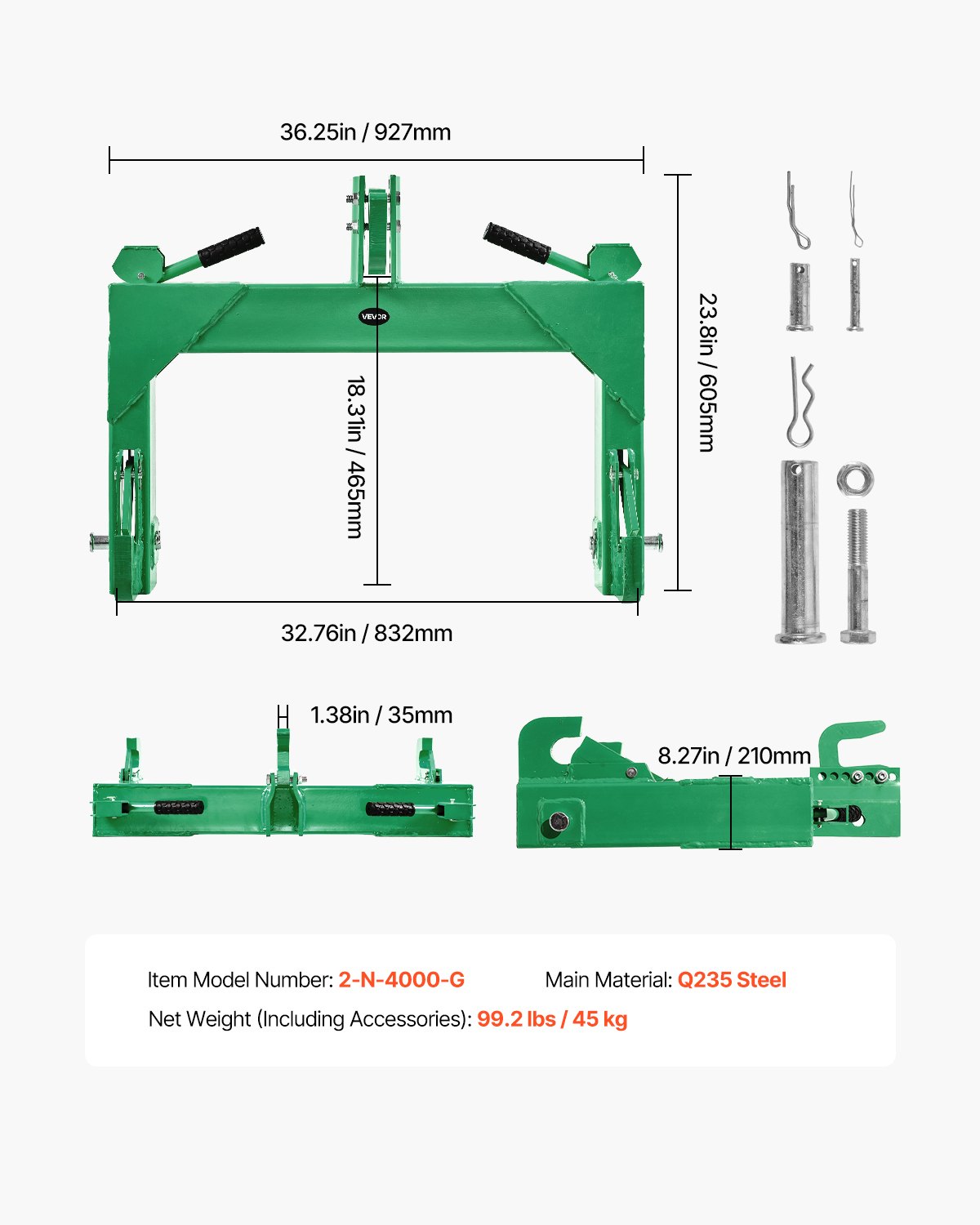 VEVOR 3-Point Quick Hitch, 4000 Lbs Lift Capacity, 3-Pt Trailer Hitch with 5 Level Adjustable Bolt, Adaptation to Category 2 Tractor, Heavy Duty 3 Point Attachments, Green