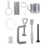 VEVOR wheatgrass juicer components including filter, cup, clamp, and cleaning brush.