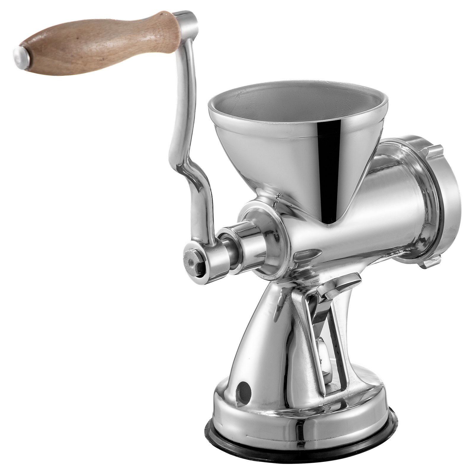 VEVOR wheatgrass juicer with a stainless steel body and wooden handle crank.