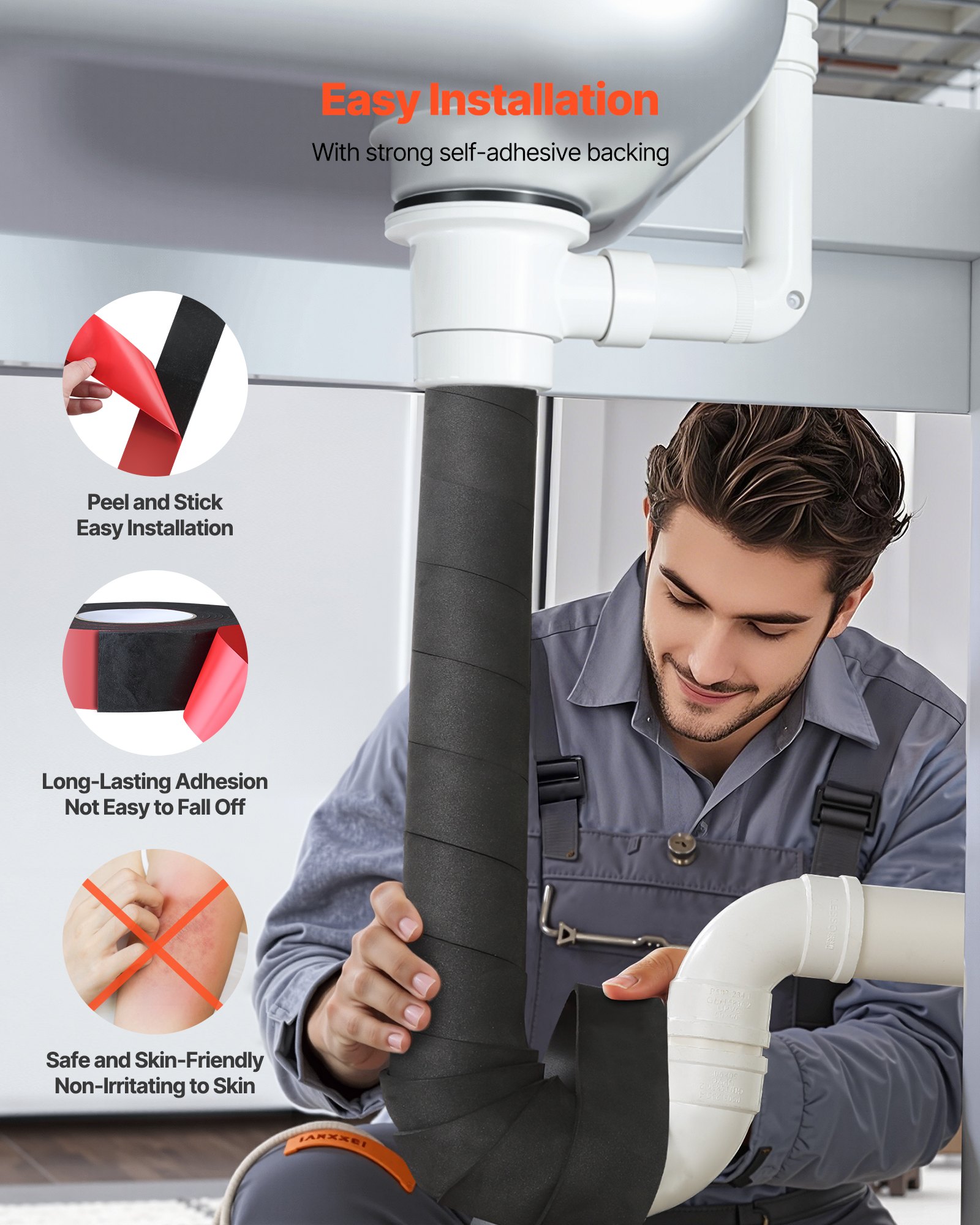 VEVOR Pipe Insulation Wrap, 14 FT x 2-inch Pipe Insulation Foam Tape, Self-Adhesive Water Pipes Insulated Foam Wrap for Winter Freeze Protection, Heat & Cold Resistant for Outdoor Indoor Use