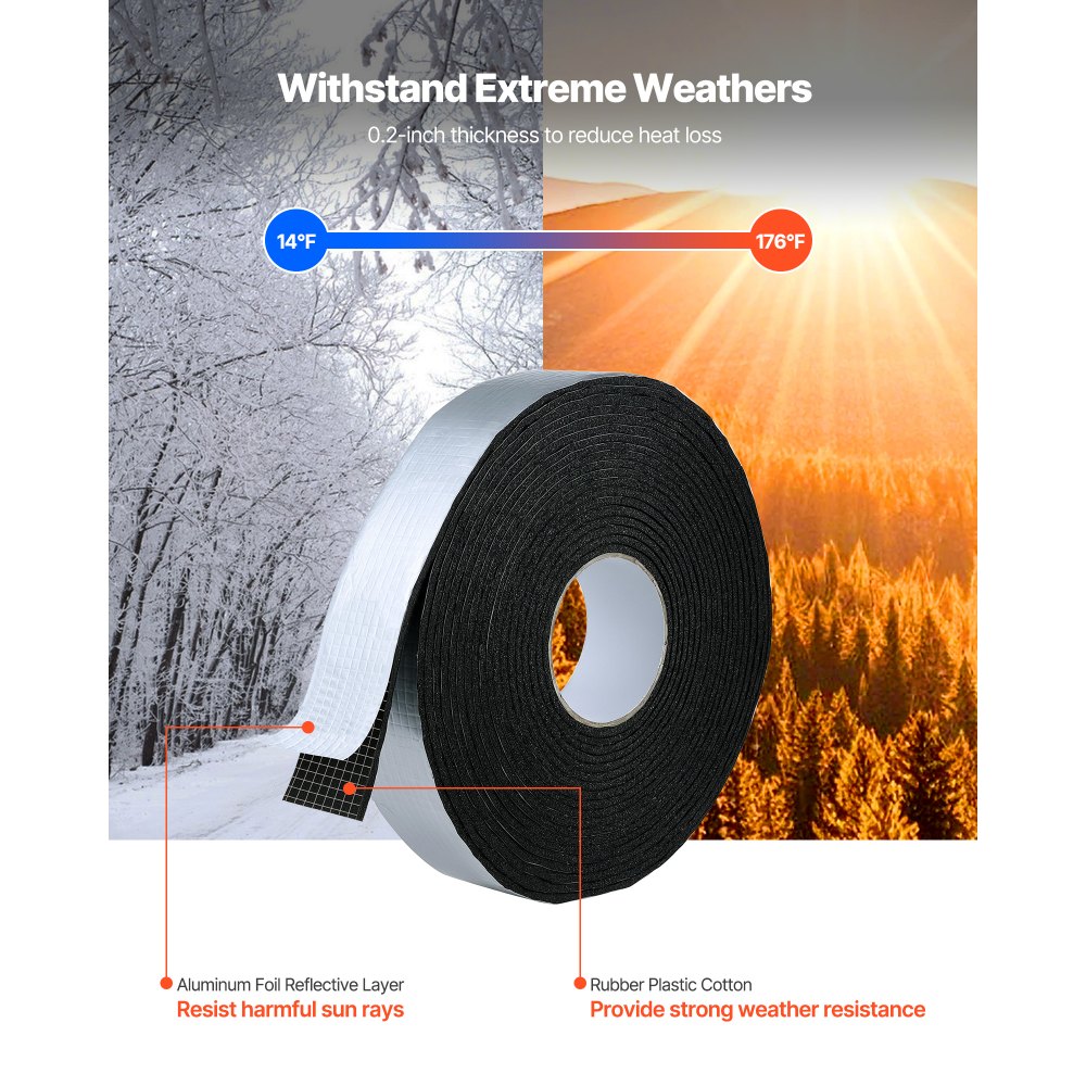 VEVOR Pipe Insulation Wrap, 32.8 FT x 2-inch Pipe Insulation Tape with Aluminum Foil Layer, Self-Adhesive Foam and Foil Pipes Wrap for Freeze Protection, Heat & Cold Resistant for Outdoor Indoor Use
