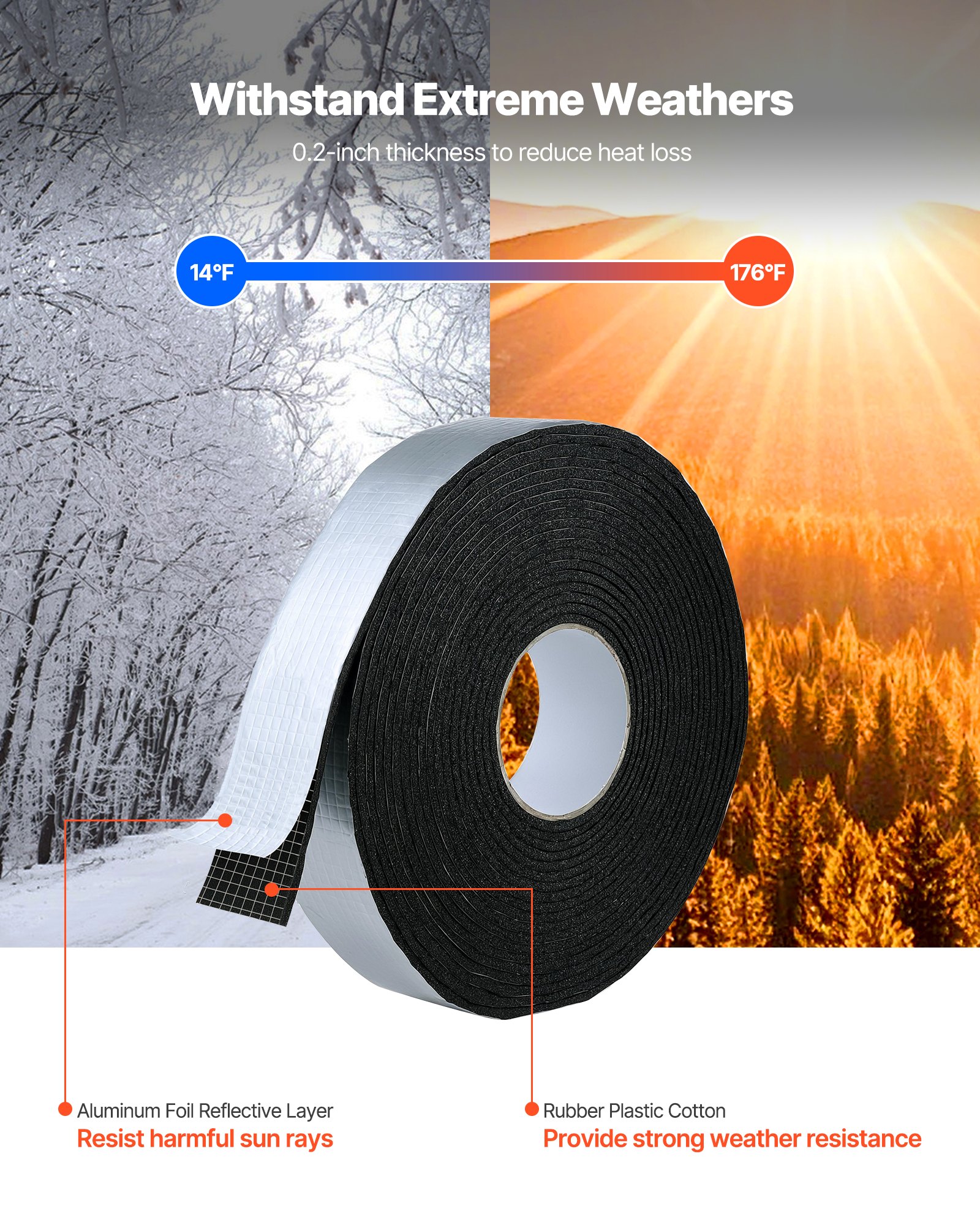 VEVOR Pipe Insulation Wrap, 32.8 FT x 2-inch Pipe Insulation Tape with Aluminum Foil Layer, Self-Adhesive Foam and Foil Pipes Wrap for Freeze Protection, Heat & Cold Resistant for Outdoor Indoor Use