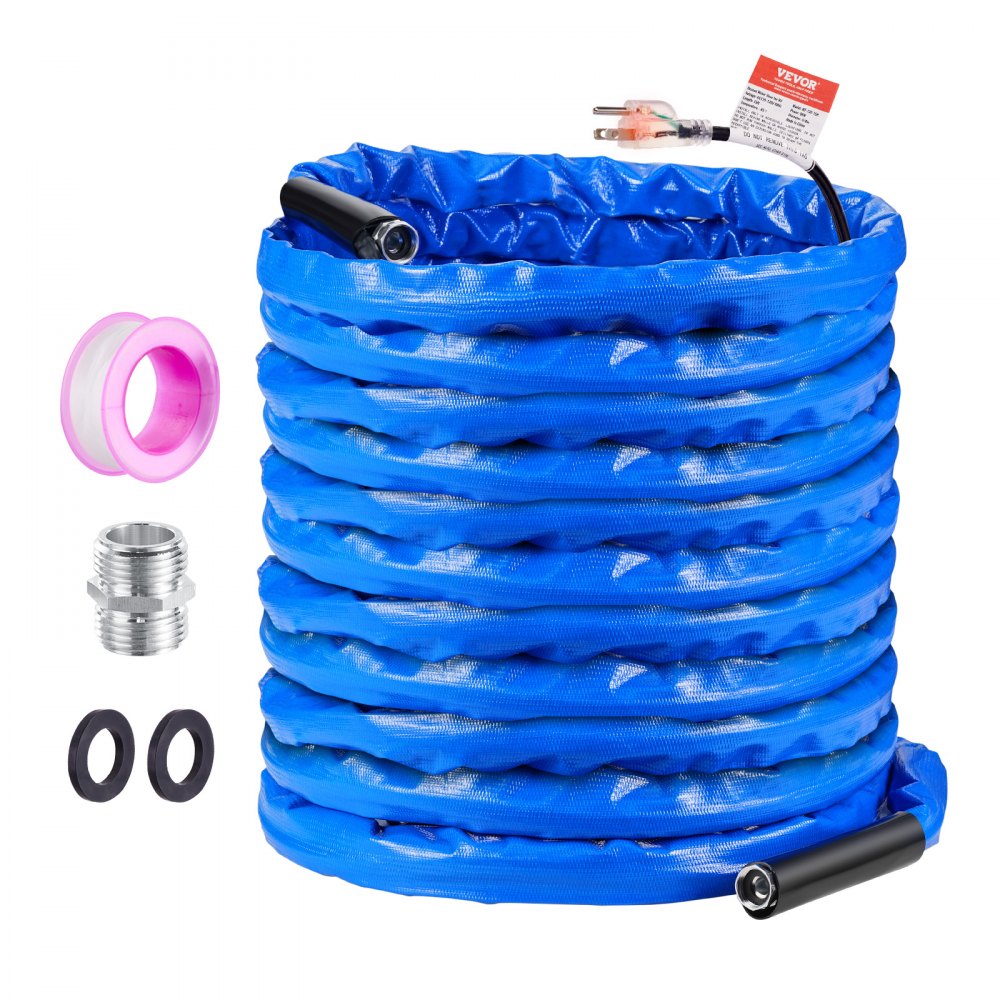 blue VEVOR heated water hose with connectors, gaskets, and tape for cold weather use.