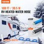 rv with VEVOR heated water hose connected in snowy environment, inset images show before and after freeze protection.