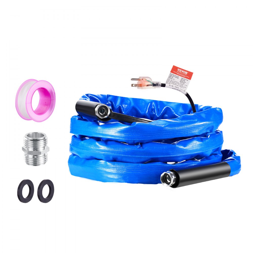 blue VEVOR heated water hose with connectors, tape, and rubber washers for winter water supply.