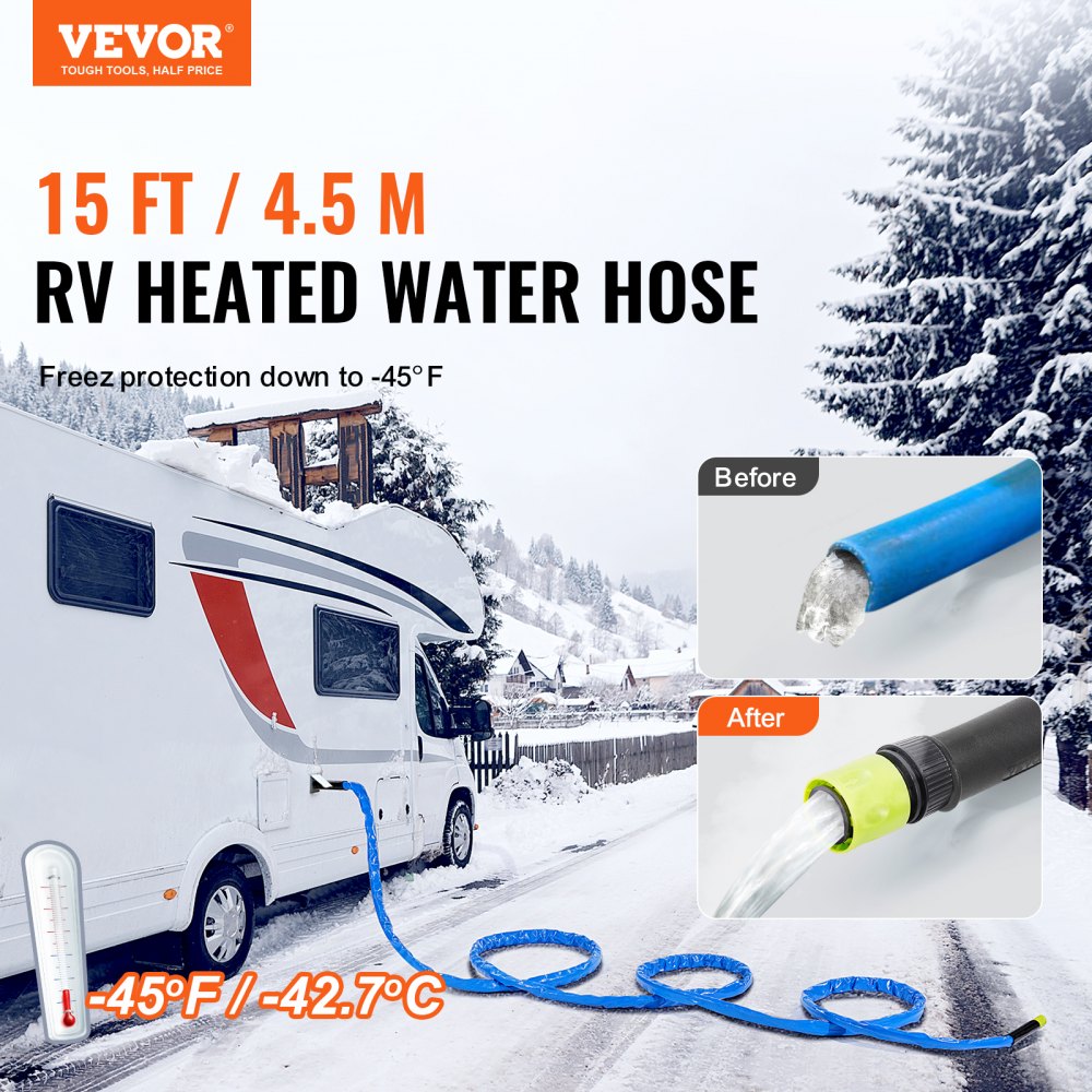 VEVOR 15ft Heated Water Hose for RV, Heated Drinking Water Hose with Corrugated Cover Antifreeze to -45°F, Automatic Self-regulating, 5/8" I.D. with 3/4" GHT Adapter, Lead and BPA Free