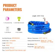 VEVOR 25ft Heated Water Hose for RV, Heated Drinking Water Hose with Corrugated Cover Antifreeze to -45°F, Automatic Self-regulating, 5/8" I.D. with 3/4" GHT Adapter, Lead and BPA Free
